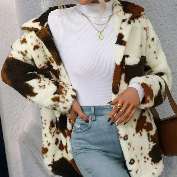 western cow print button flannel coat boho casual - Picture 6 of 6